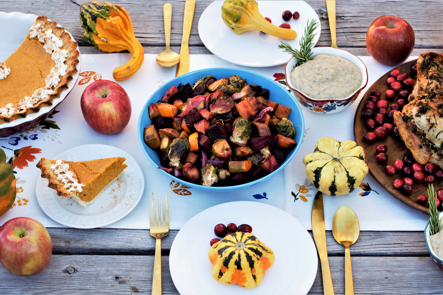 All-in-one guide for hosting a Friendsgiving feast: perfectly roasted chicken, garlic parmesan mashed potatoes, maple balsamic roasted veggies, & bourbon pumpkin pie!
