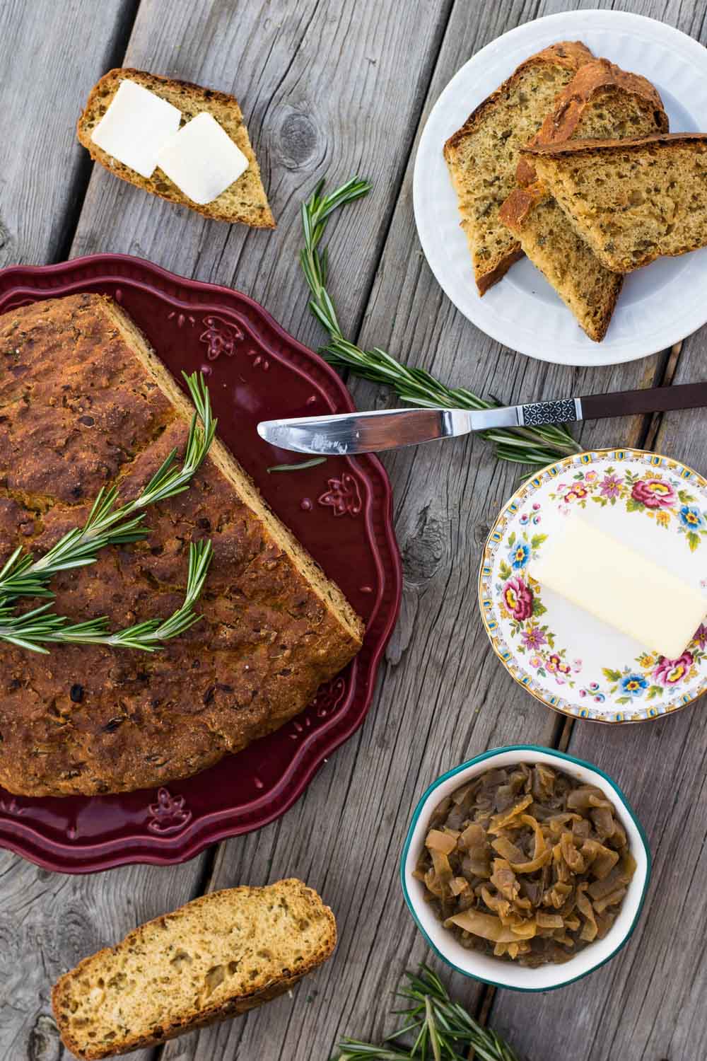Savory soda bread packed with creamy caramelized onions & rosemary is an easy no-knead, no-rest, six-ingredient bread recipe that's worth making all year round!