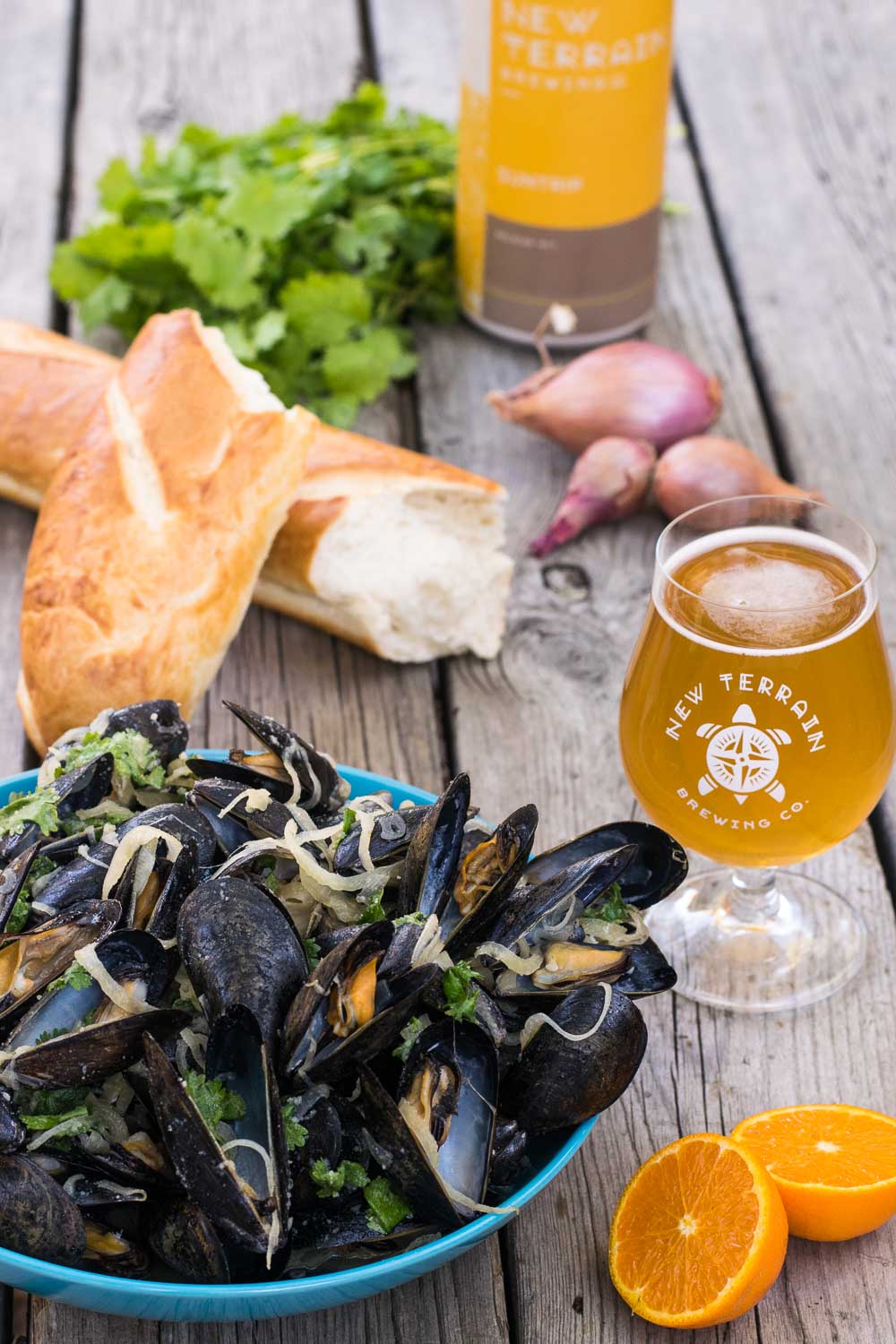 Celebrating Great American Beer Festival with craft beer recipes from Golden, Colorado! New Terrain's Suntrip makes the perfect broth for mussels, fennel, & shallots.