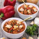 Embrace the cozy flavors of fall with a rustic stew of roasted red peppers, fresh basil, & sausage! Equally perfect for forest campsites & home kitchens.